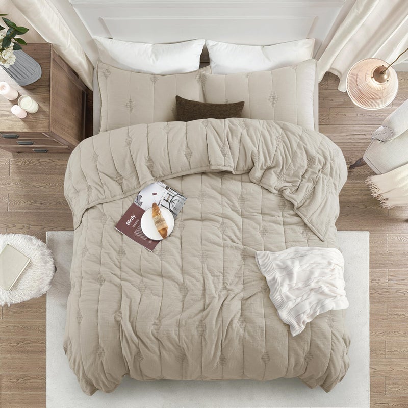 ANNA.Z HOME Queen Quilt Bedding Set â€“ Light Weight, Breathable, Ultra-Soft, Allover Geometric Diamond Stitched Embroidery, Beige Queen Bedding Quilt Set for All Seasons. (Feather Gray, Queen Set) - Image 1